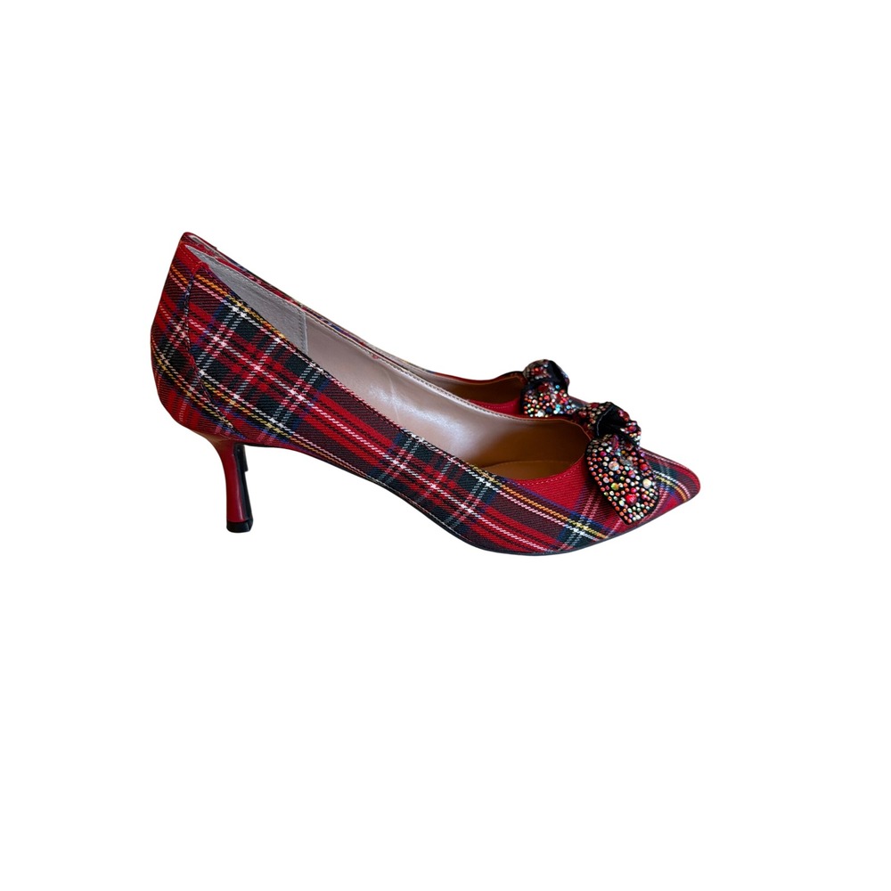 Betsey Johnson Lexie Pumps Red Plaid Rhinestone Bow Kitten Heel Pointed Toe 9M - Picture 2 of 5